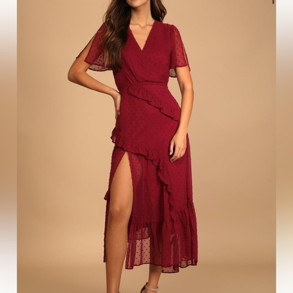 Lulu’s Burgundy Swiss Dot Ruffled Midi Dress